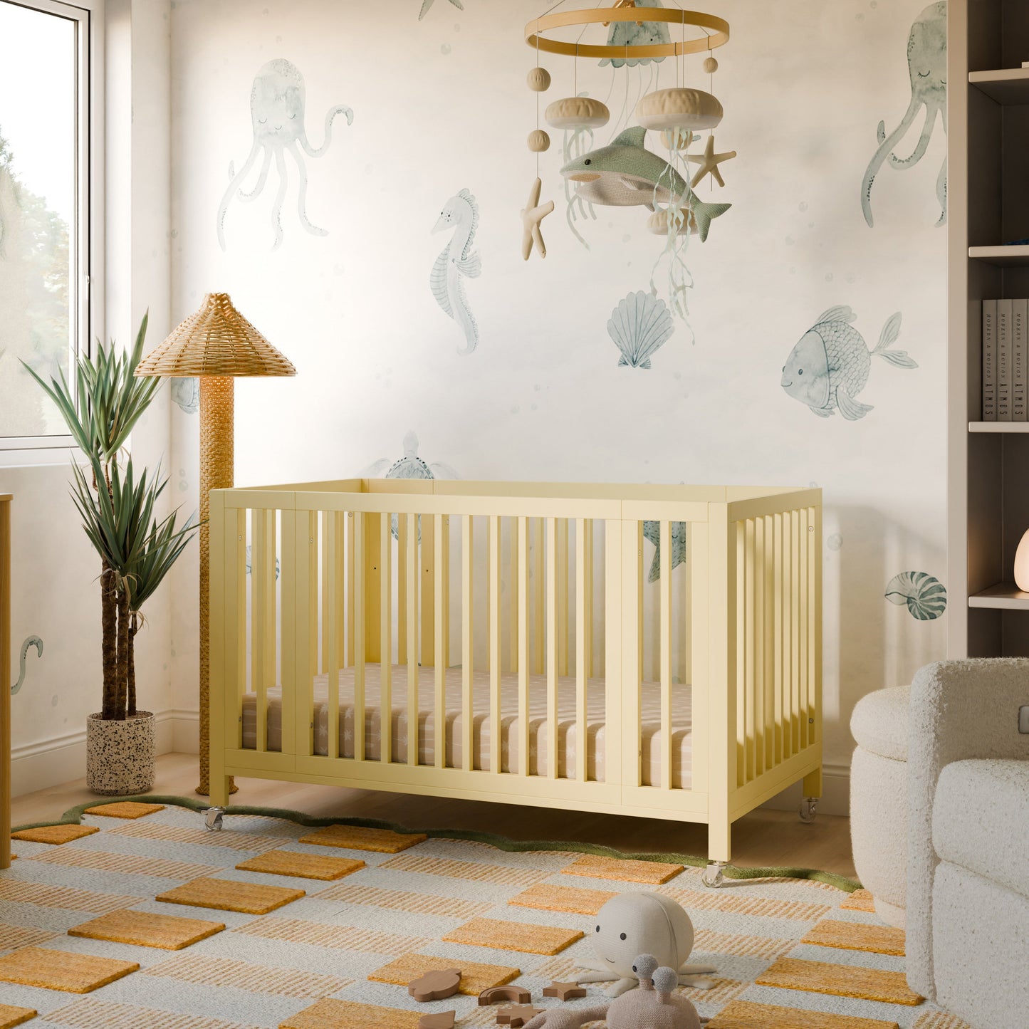 M30880PY,Rolli 9-in-1 Convertible All-Stages?? Crib w/ Bassinet & Toddler Bed Kits in Pale Yellow