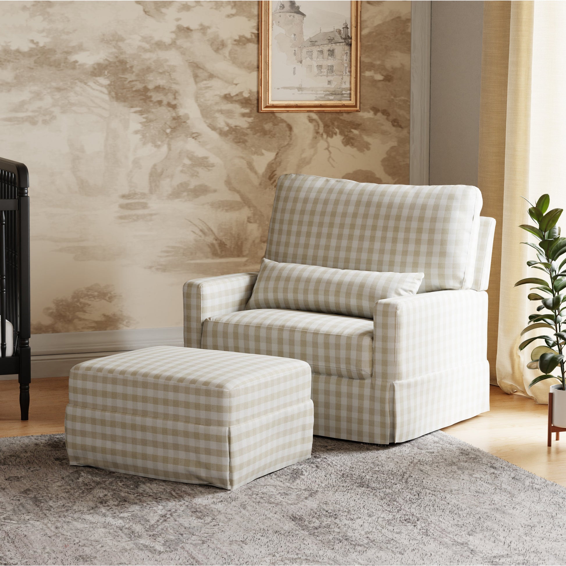 M21797TGH,Crawford Chair and a Half Pillowback Swivel Glider in Tan Gingham