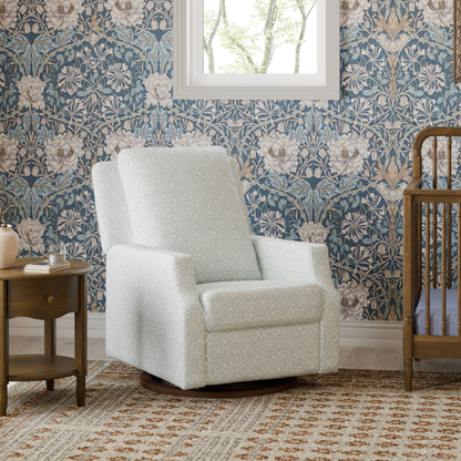 M22287BPBDB,Crewe Recliner and Swivel Glider in Bellflowers in Powdered Blue w/Dark Wood Base