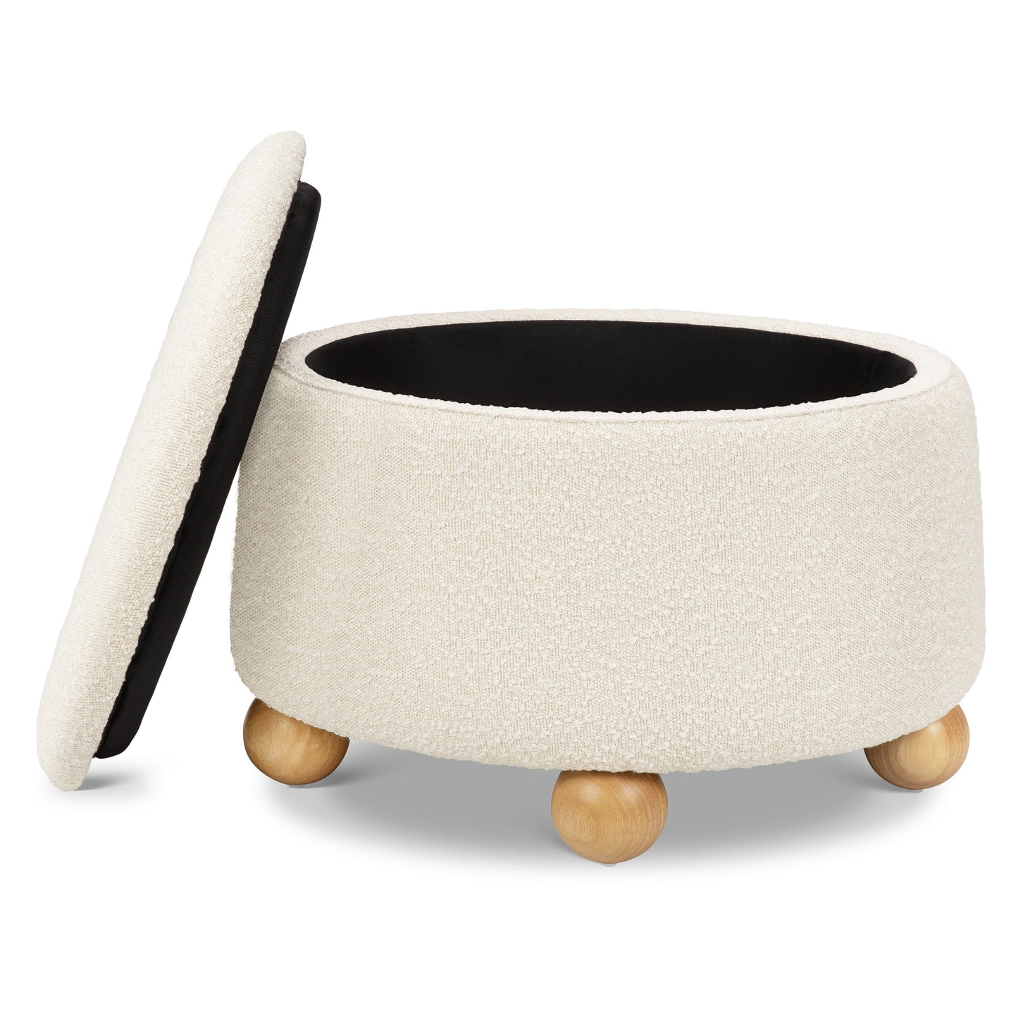M30985PWBHF,Tuffet Storage Ottoman in Performance Ivory Boucle w/Honey Ball Feet