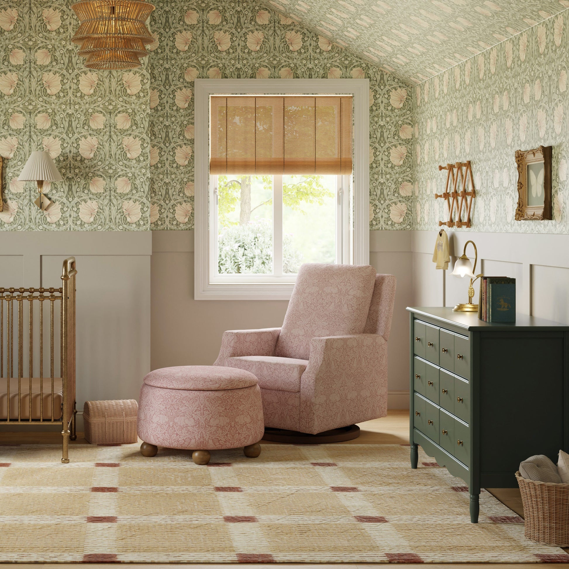 M22287PBRRDB,Crewe Recliner and Swivel Glider in Pure Brer Rabbit in Rose w/Dark Wood Base