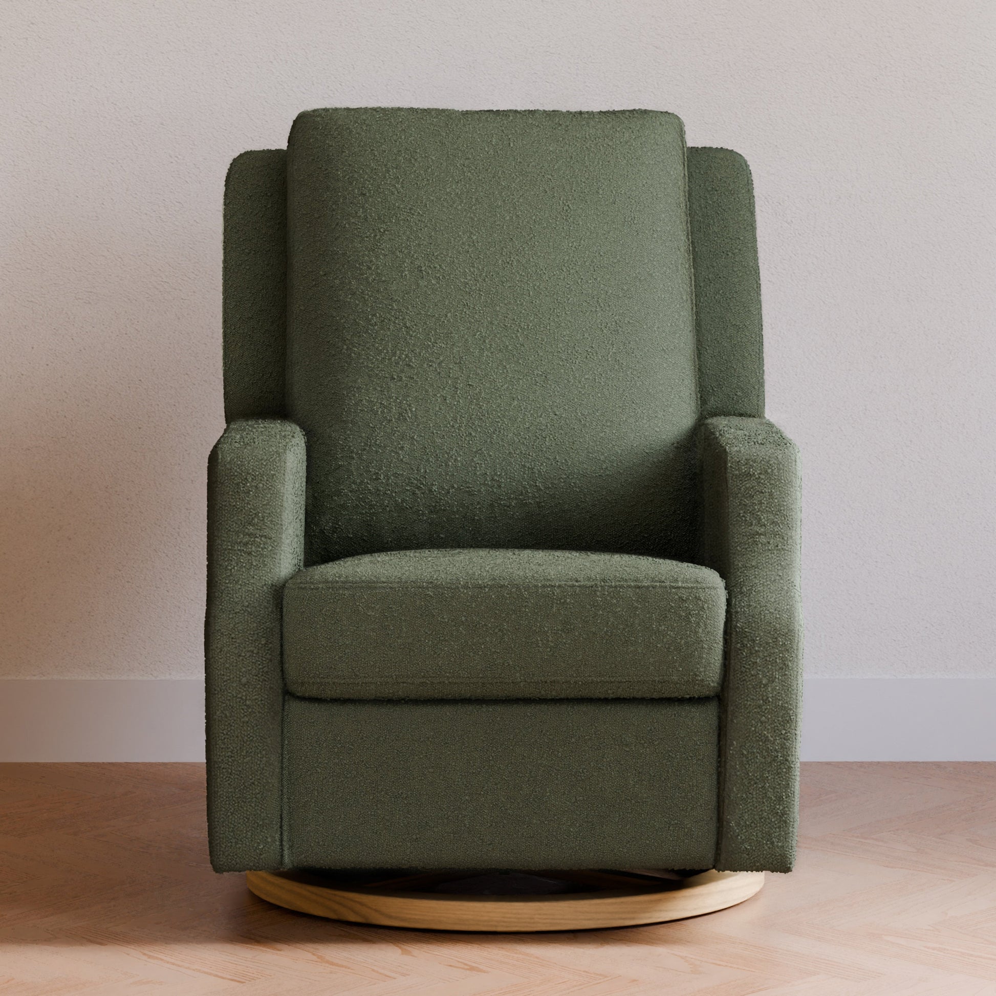 M22286OBLB,Crewe Electronic Swivel Glider Recliner in Olive Boucle w/Light Wood Base