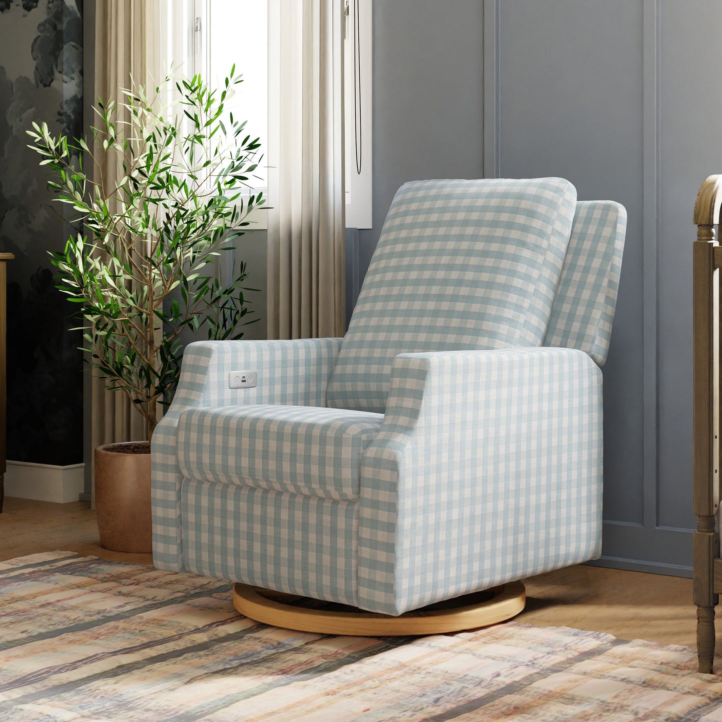 M22286BGHLB,Crewe Electronic Swivel Glider Recliner in Blue Gingham with Light Wood Base
