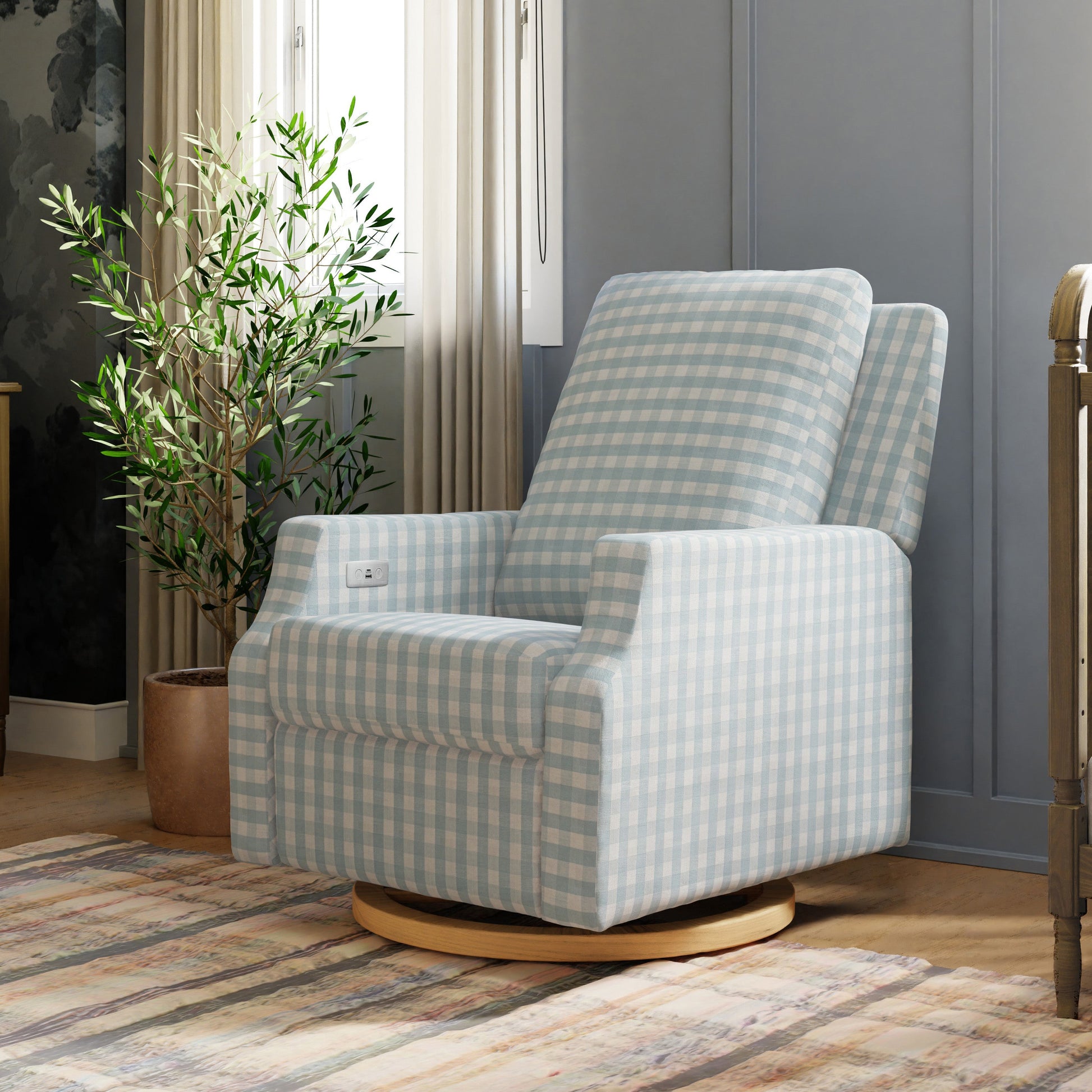 M22286BGHLB,Crewe Electronic Swivel Glider Recliner in Blue Gingham with Light Wood Base