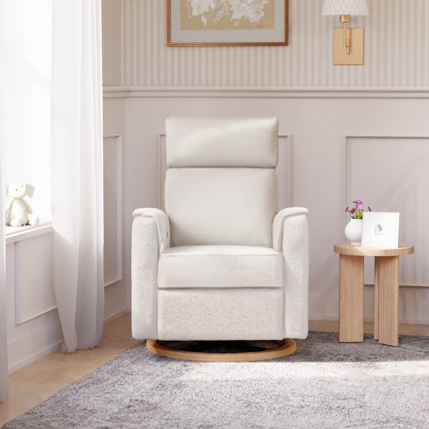 B17186WBLB,Willa Plus Power Glider Recliner w/ Power Headrest in Ivory Boucle with Light Wood Base