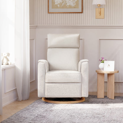 B17186WBLB,Willa Plus Power Glider Recliner w/ Power Headrest in Ivory Boucle with Light Wood Base