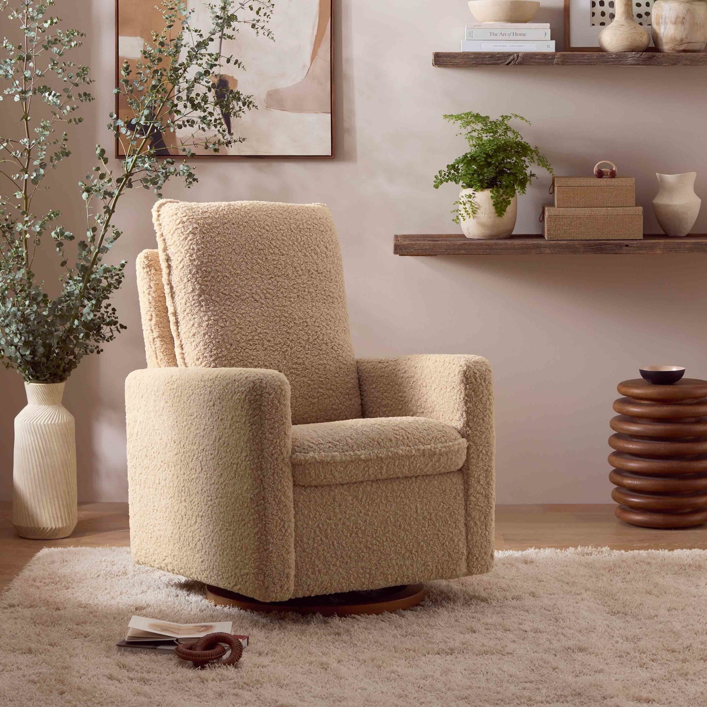 M20987CSGDB,Cali Pillowback Swivel Glider in Chai Shearling w/ Dark Wood Base