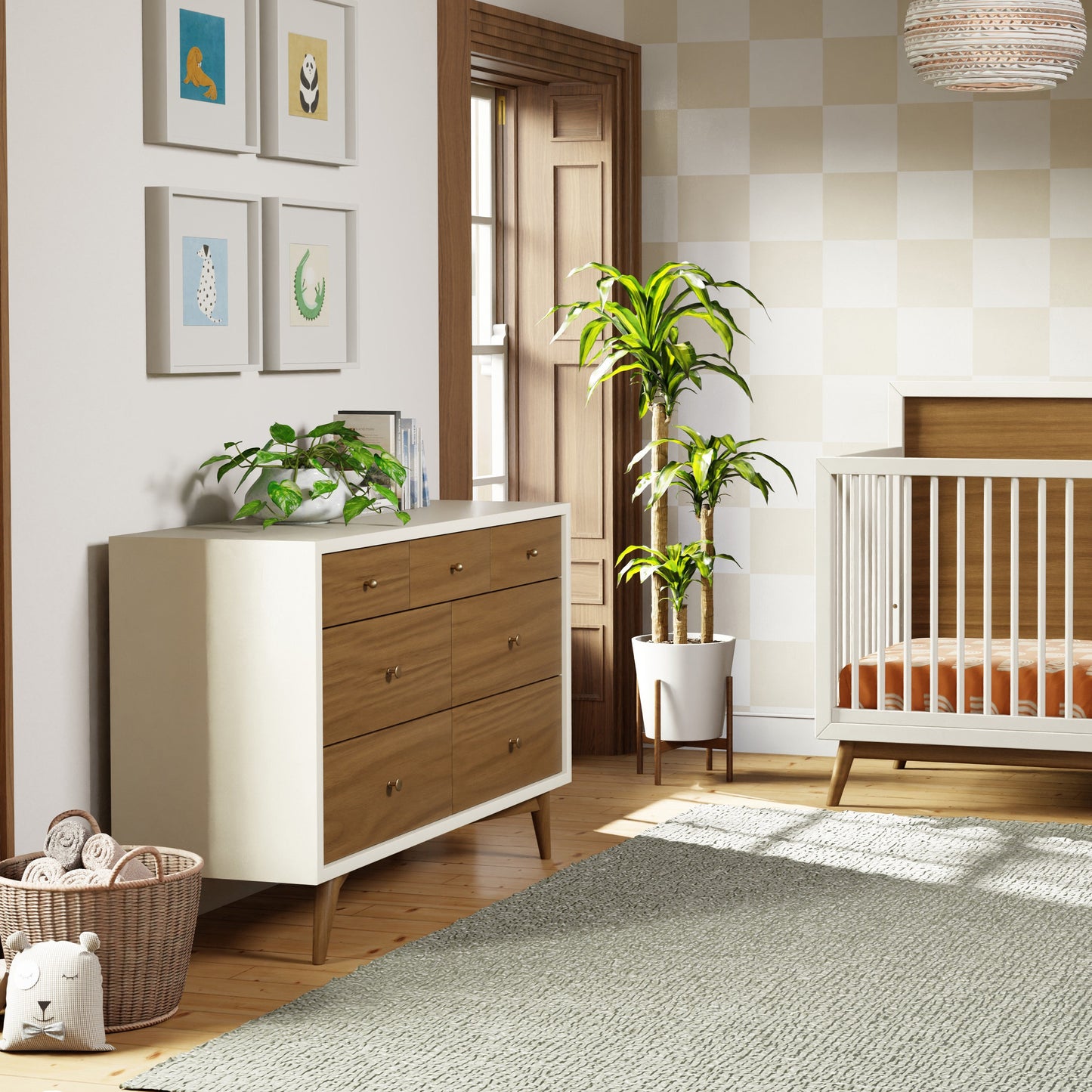 M15916RWNL,Palma 7-Drawer Double Dresser  Assembled in Warm White w/Natural Walnut