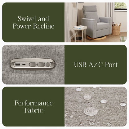 B17186PGEWLB,Willa Plus Power Glider Recliner w/ Power Headrest in Performance Grey Eco-Weave w/Light Wood Base