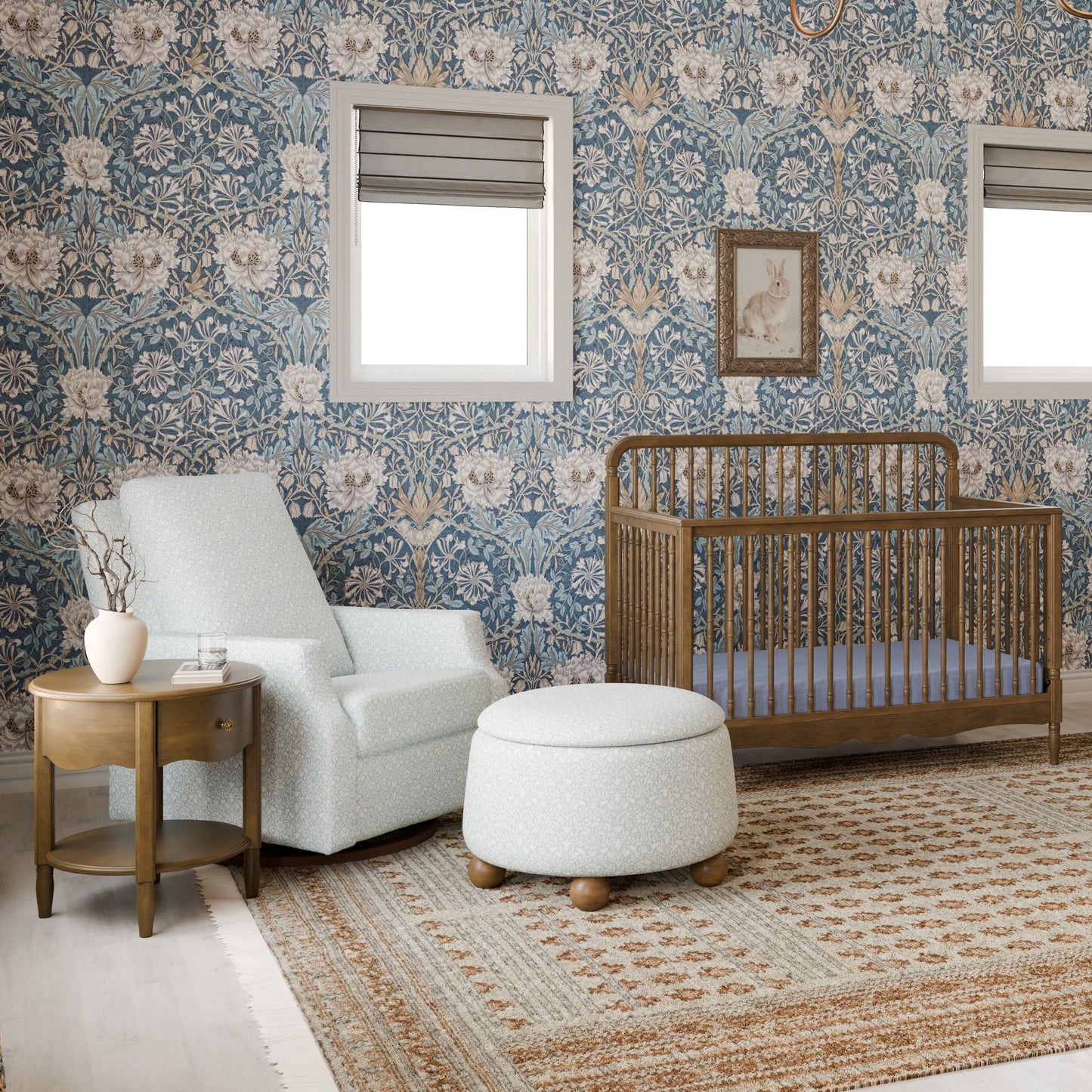 M22287BPBDB,Crewe Recliner and Swivel Glider in Bellflowers in Powdered Blue w/Dark Wood Base