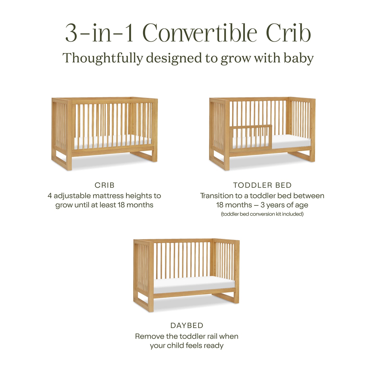 M23301HY,Nantucket 3-in-1 Convertible Crib w/Toddler Bed Conversion Kit in Honey