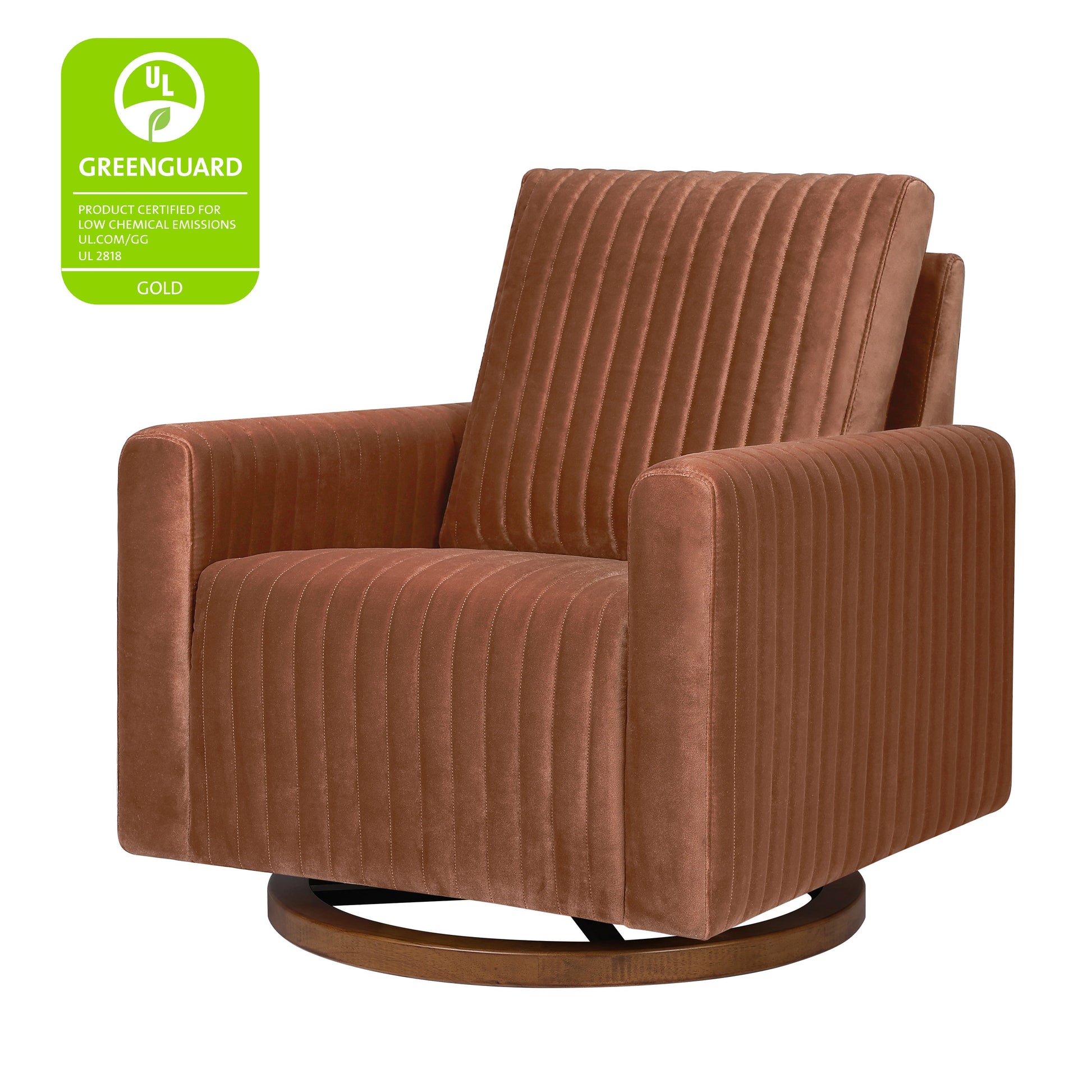 M26687RTVDB,Poe Channeled Swivel Glider in Rust Velvet with Dark Wood Base