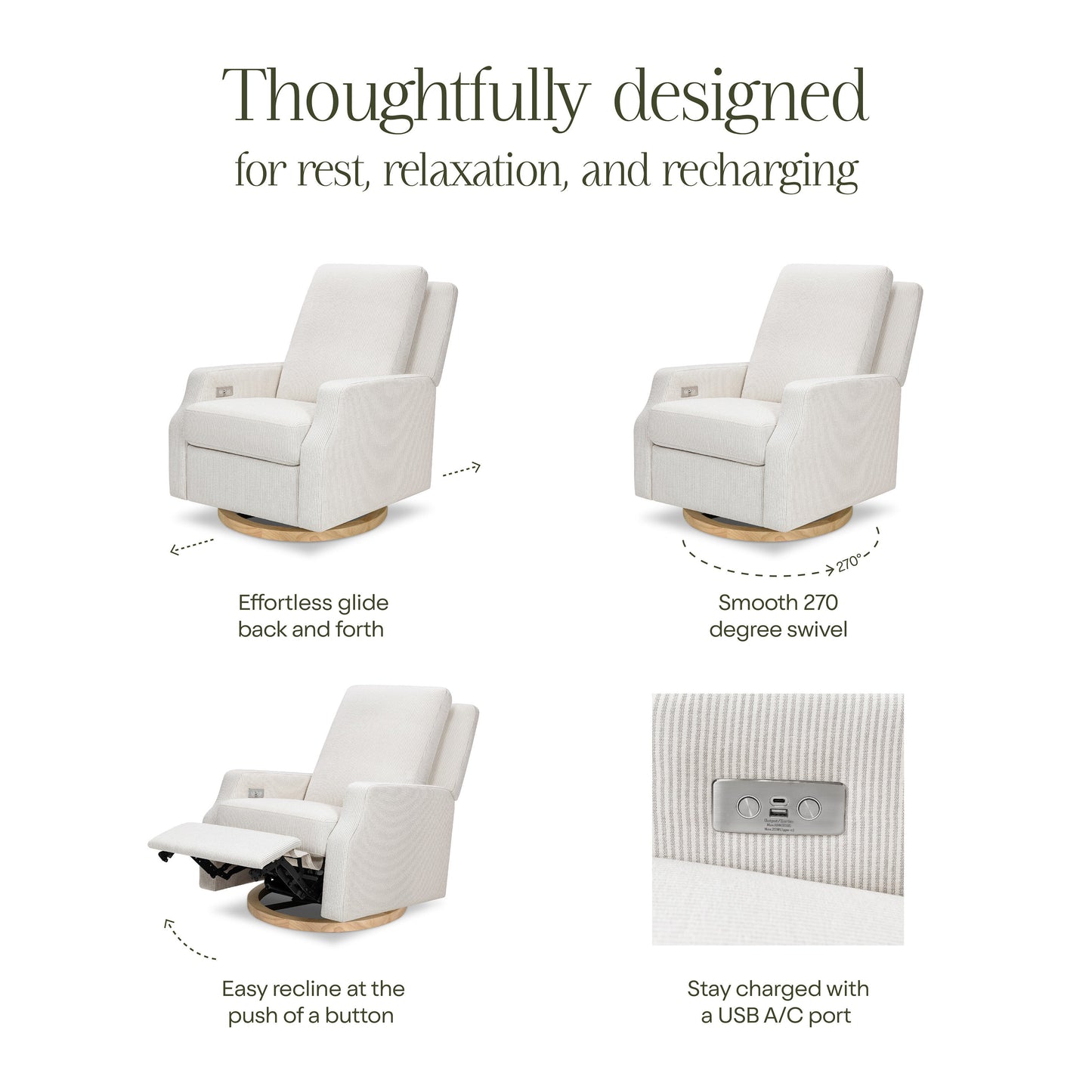 M22286FCSLB,Crewe Electronic Swivel Glider Recliner in Fog Chatham Stripe Performance Eco-Weave w/LB