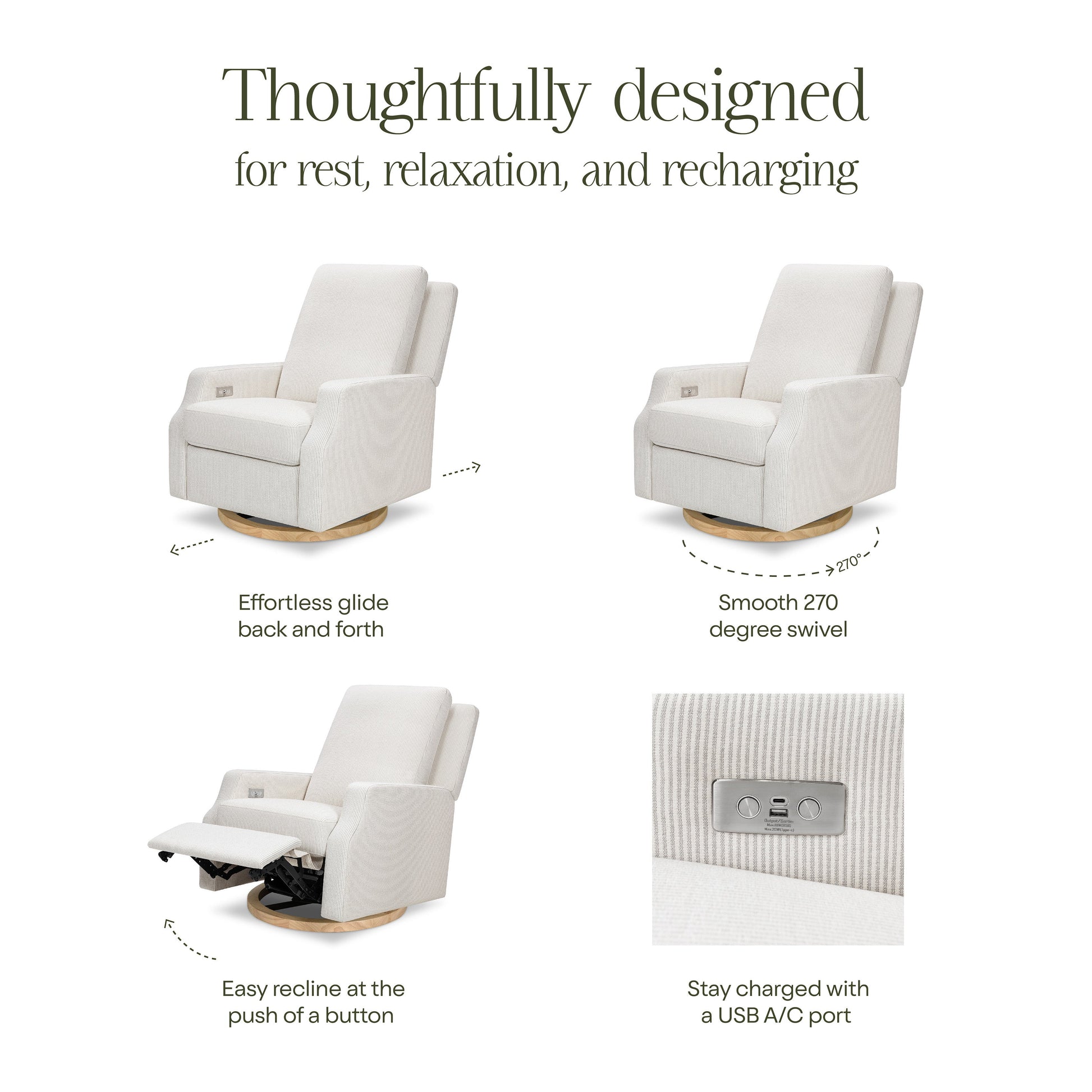 M22286FCSLB,Crewe Electronic Swivel Glider Recliner in Fog Chatham Stripe Performance Eco-Weave w/LB