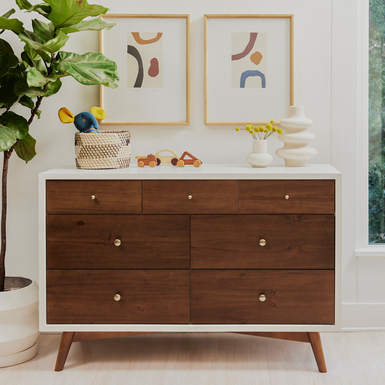 M15916RWNL,Palma 7-Drawer Double Dresser  Assembled in Warm White w/Natural Walnut
