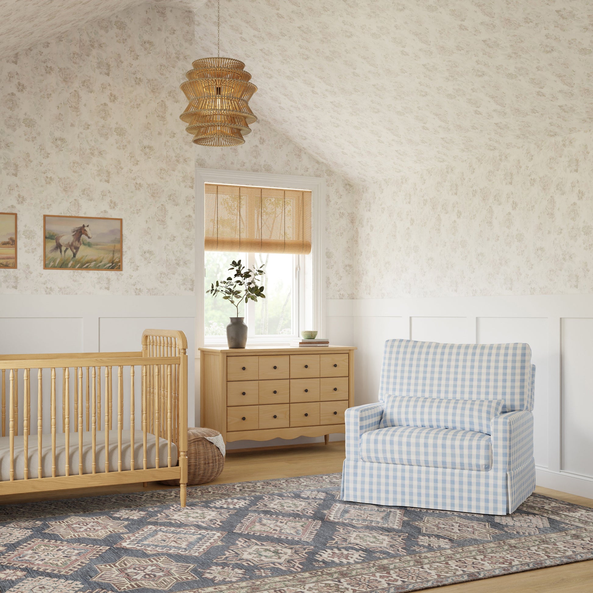 M21797BGH,Crawford Chair and a Half Pillowback Swivel Glider in Blue Gingham
