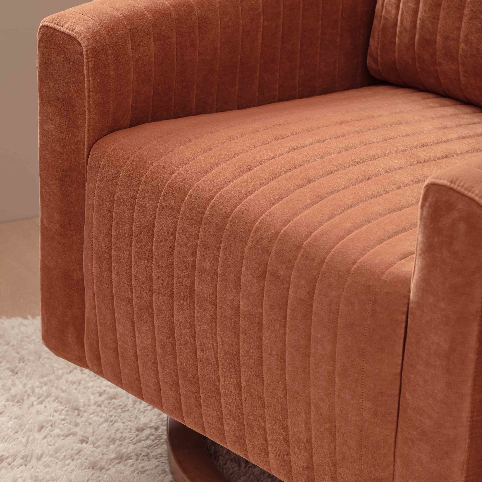 M26687RTVDB,Poe Channeled Swivel Glider in Rust Velvet with Dark Wood Base