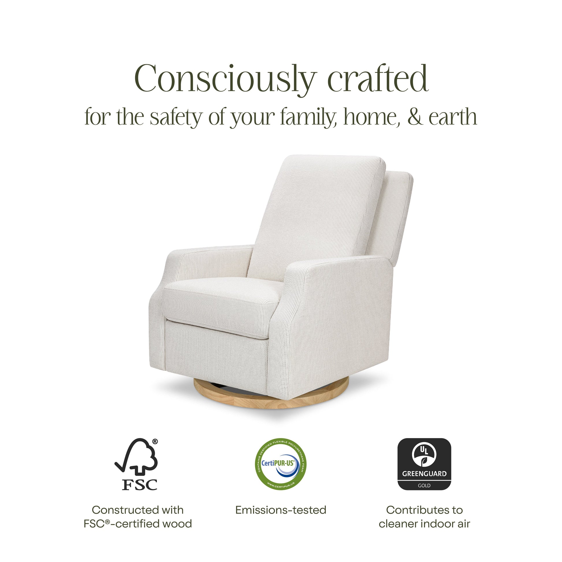 M22286FCSLB,Crewe Electronic Swivel Glider Recliner in Fog Chatham Stripe Performance Eco-Weave w/LB