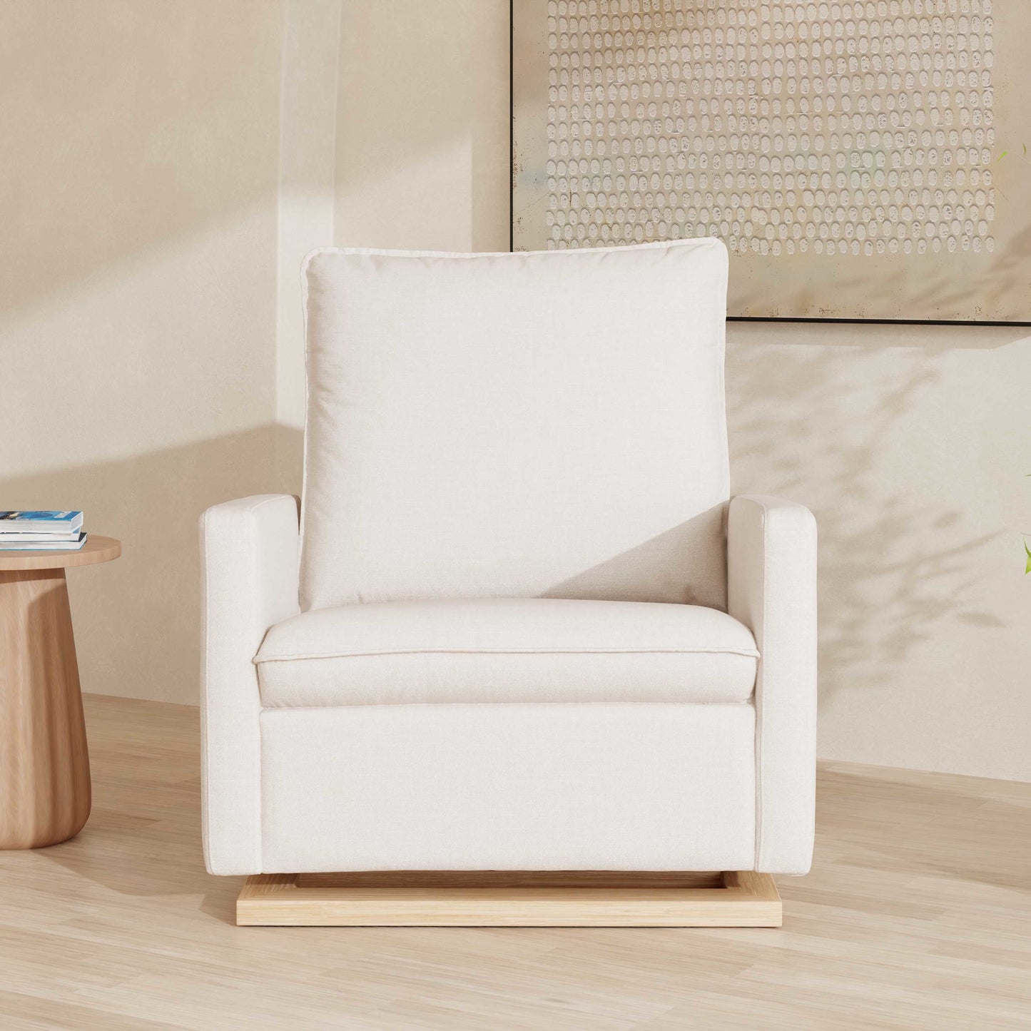 M20984PCMEWLB,Cali Pillowback Chair and a Half Glider in Performance Cream Eco-Weave w/ Light Wood Base