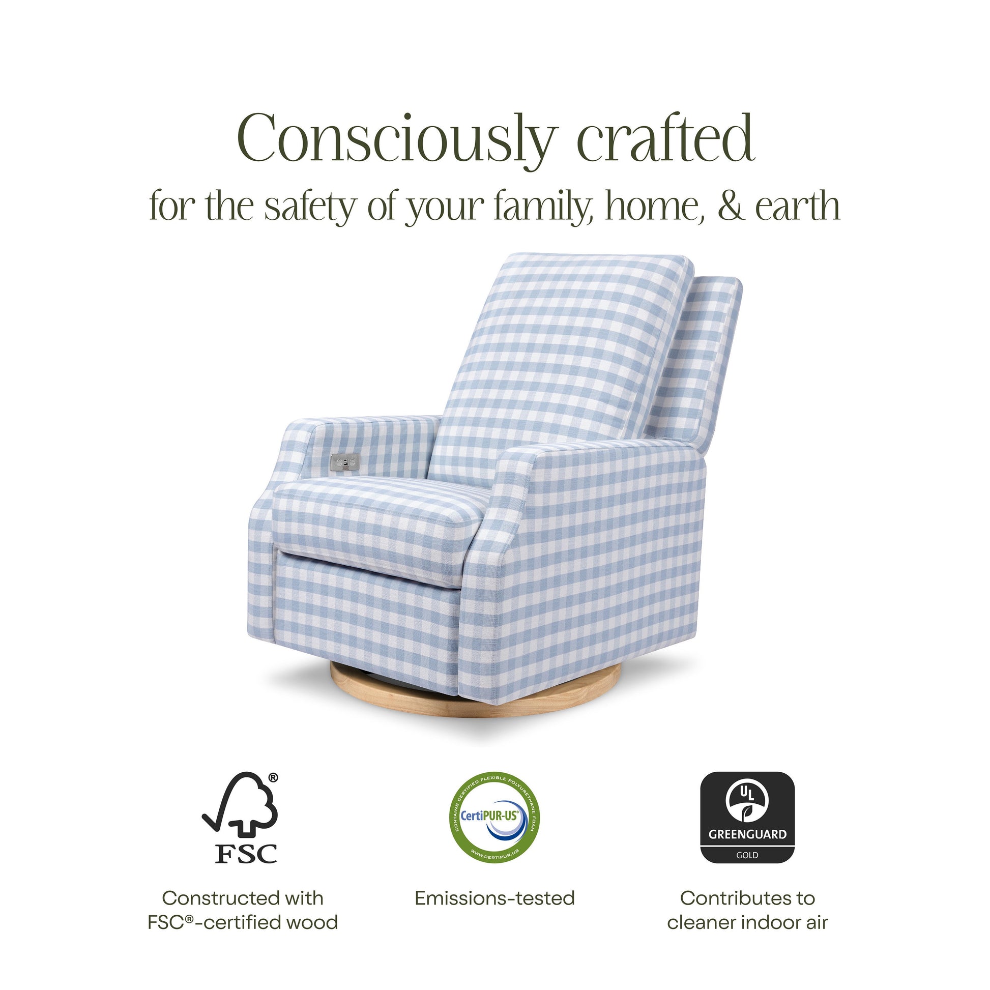 M22286BGHLB,Crewe Electronic Swivel Glider Recliner in Blue Gingham with Light Wood Base