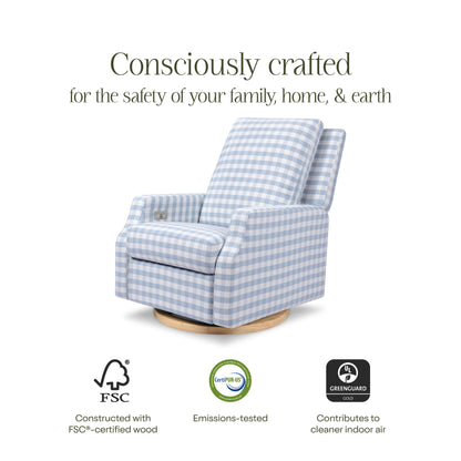 M22286BGHLB,Crewe Electronic Swivel Glider Recliner in Blue Gingham with Light Wood Base