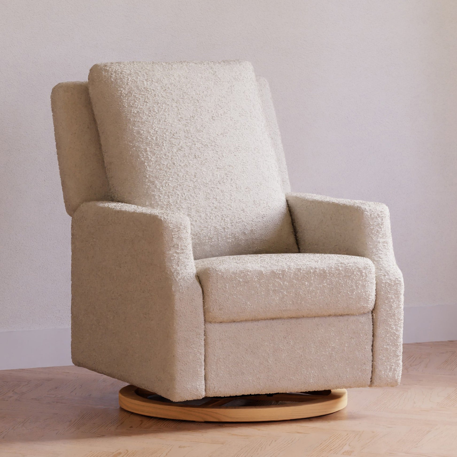 M22286WBLB,Crewe Electronic Swivel Glider Recliner in Ivory Boucle w/Light Wood Base