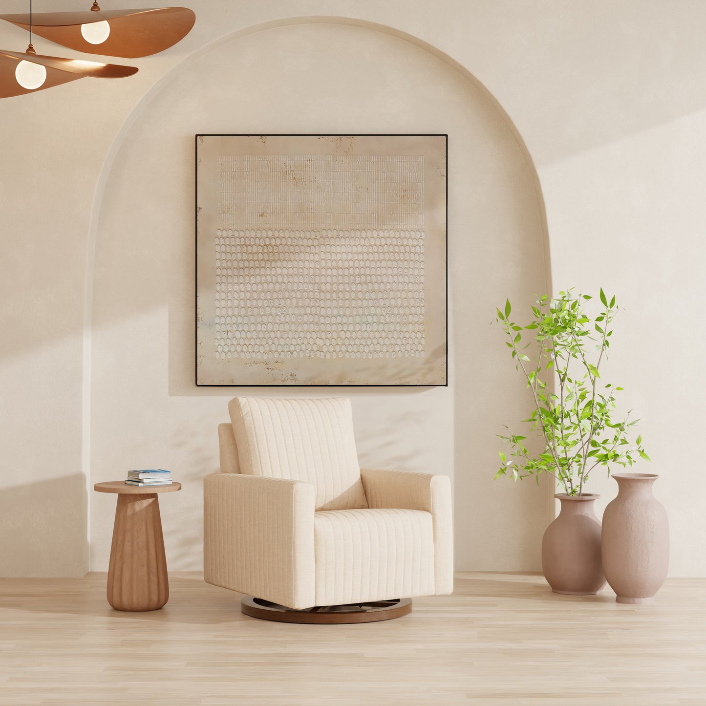 M26687PCMEWDB,Poe Channeled Swivel Glider in Performance Cream Eco-Weave w/ Dark Wood Base