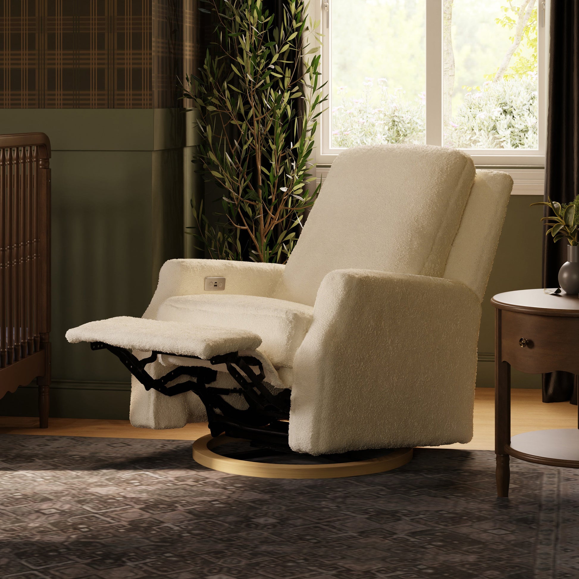 M22286WBLB,Crewe Electronic Swivel Glider Recliner in Ivory Boucle w/Light Wood Base