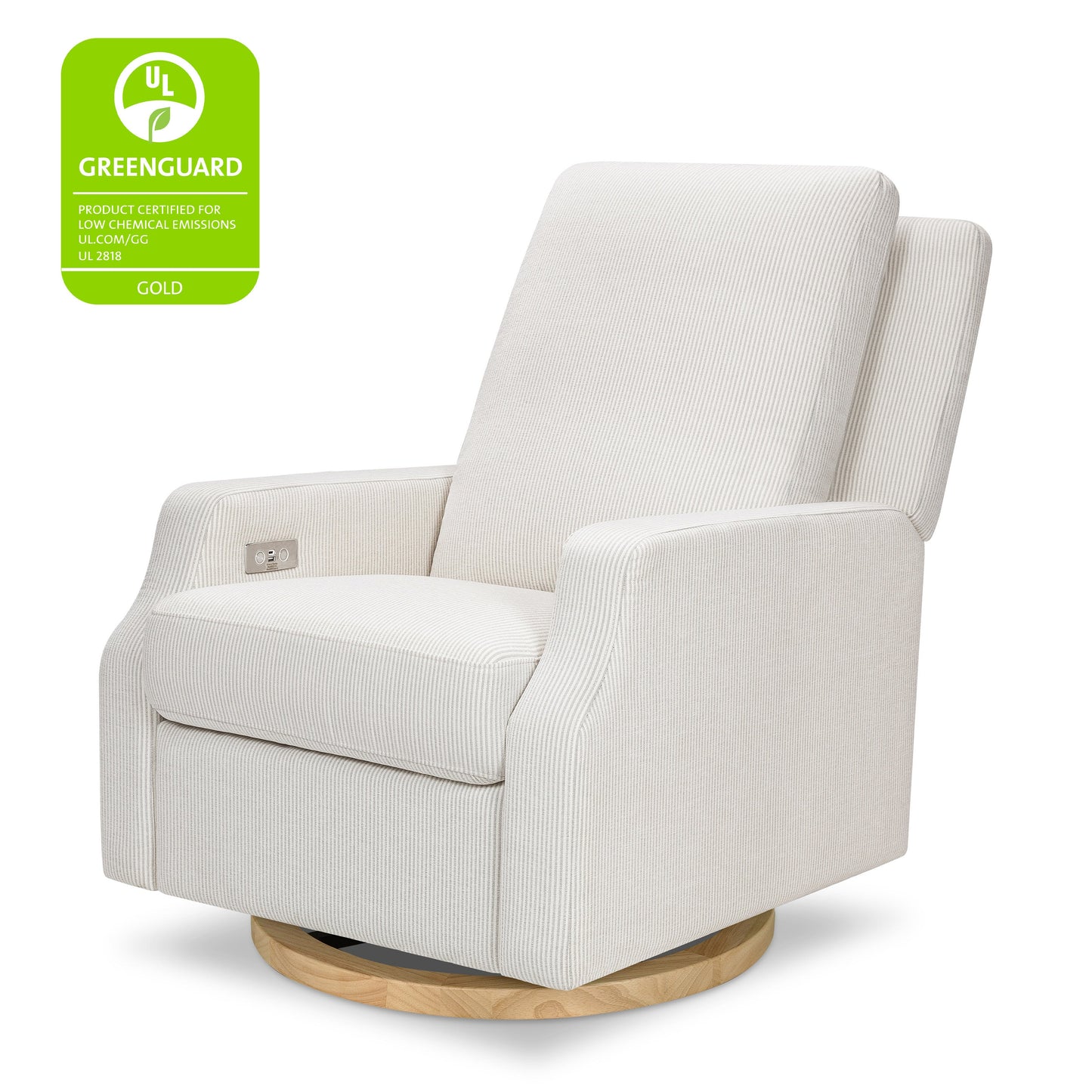 M22286FCSLB,Crewe Electronic Swivel Glider Recliner in Fog Chatham Stripe Performance Eco-Weave w/LB