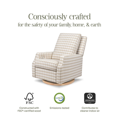 M22286TGHLB,Crewe Electronic Swivel Glider Recliner in Tan Gingham with Light Wood Base