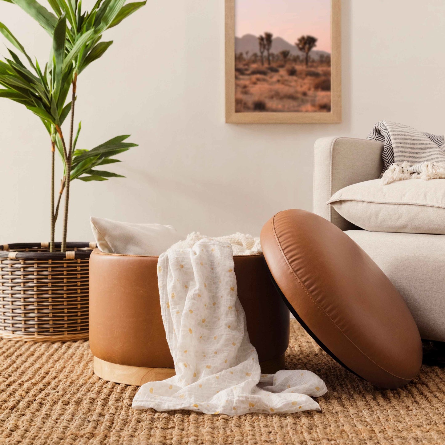 M22885TANLB,Naka Storage Ottoman in Vegan Tan Leather w/ Light Wood Base