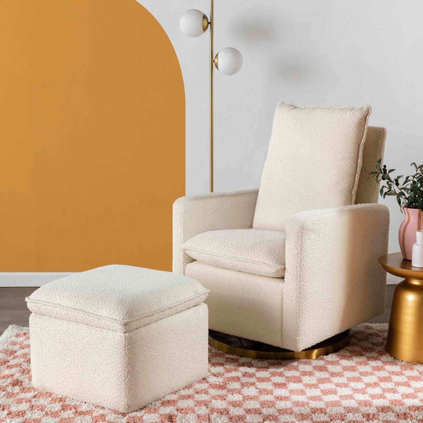 M20987WBG,Cali Pillowback Swivel Glider in Ivory Boucle w/ Gold Base