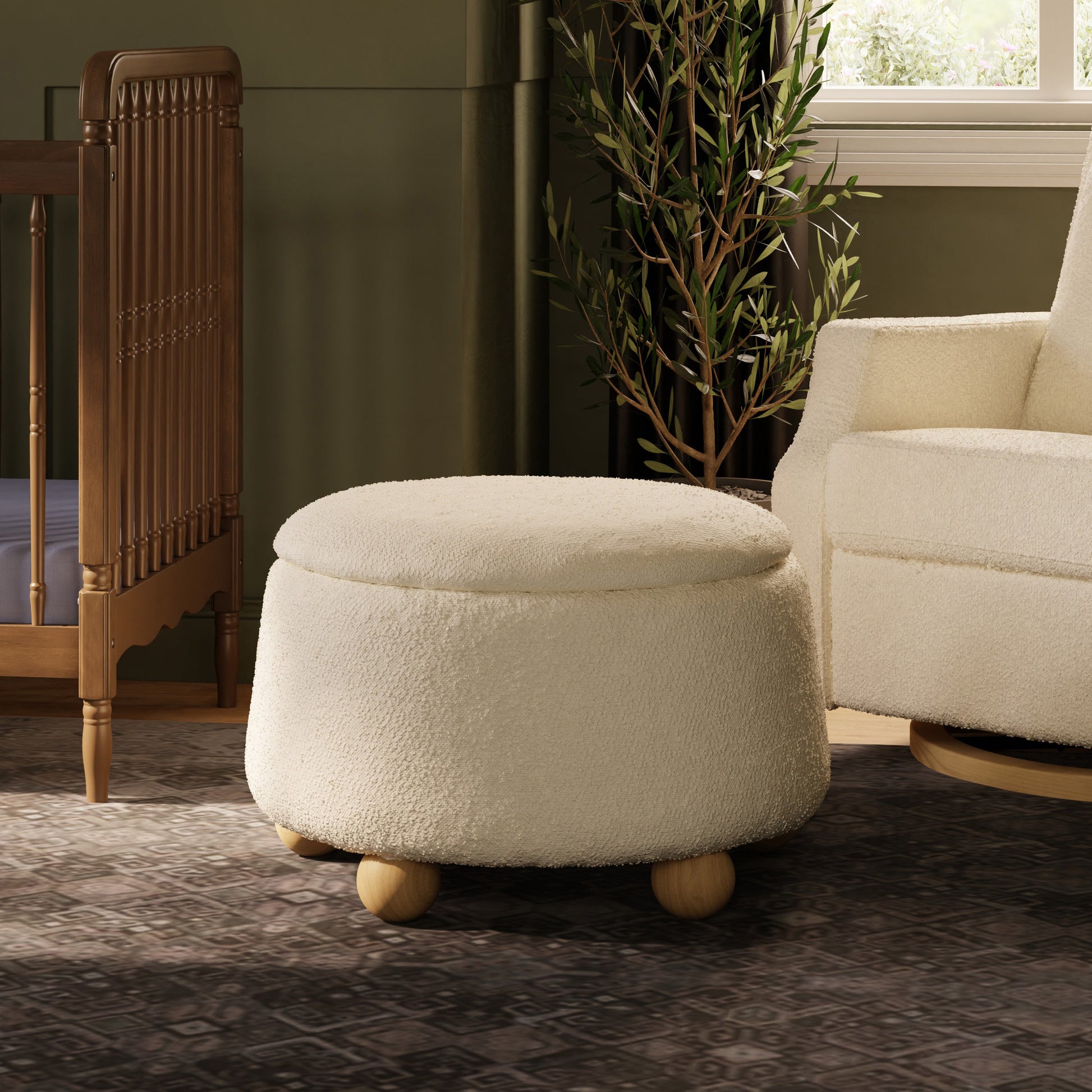 M30985PWBHF,Tuffet Storage Ottoman in Performance Ivory Boucle w/Honey Ball Feet