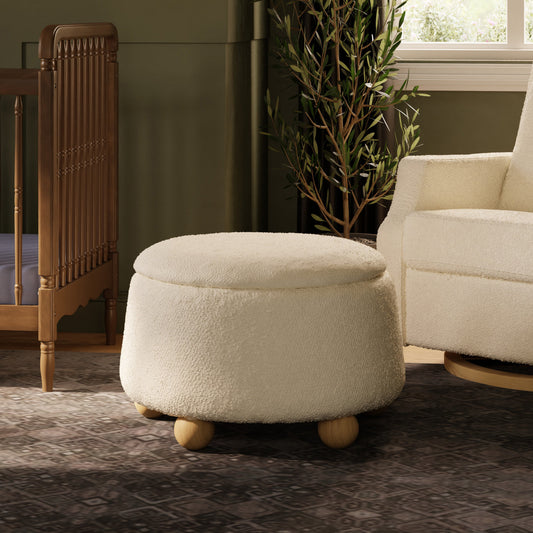 M30985PWBHF,Tuffet Storage Ottoman in Performance Ivory Boucle w/Honey Ball Feet