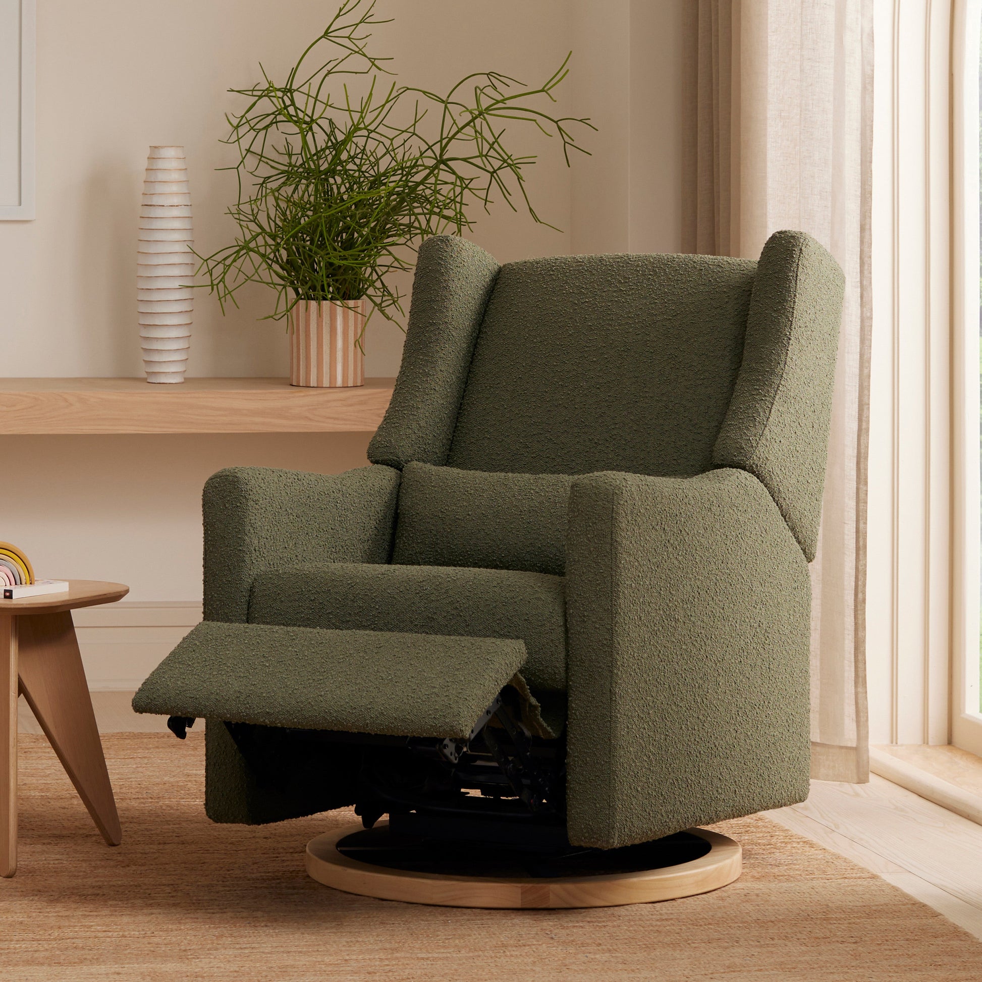 M11288OBLB,Kiwi Glider Recliner w/ Electronic Control and USB in Olive Boucle w/Light Wood Base