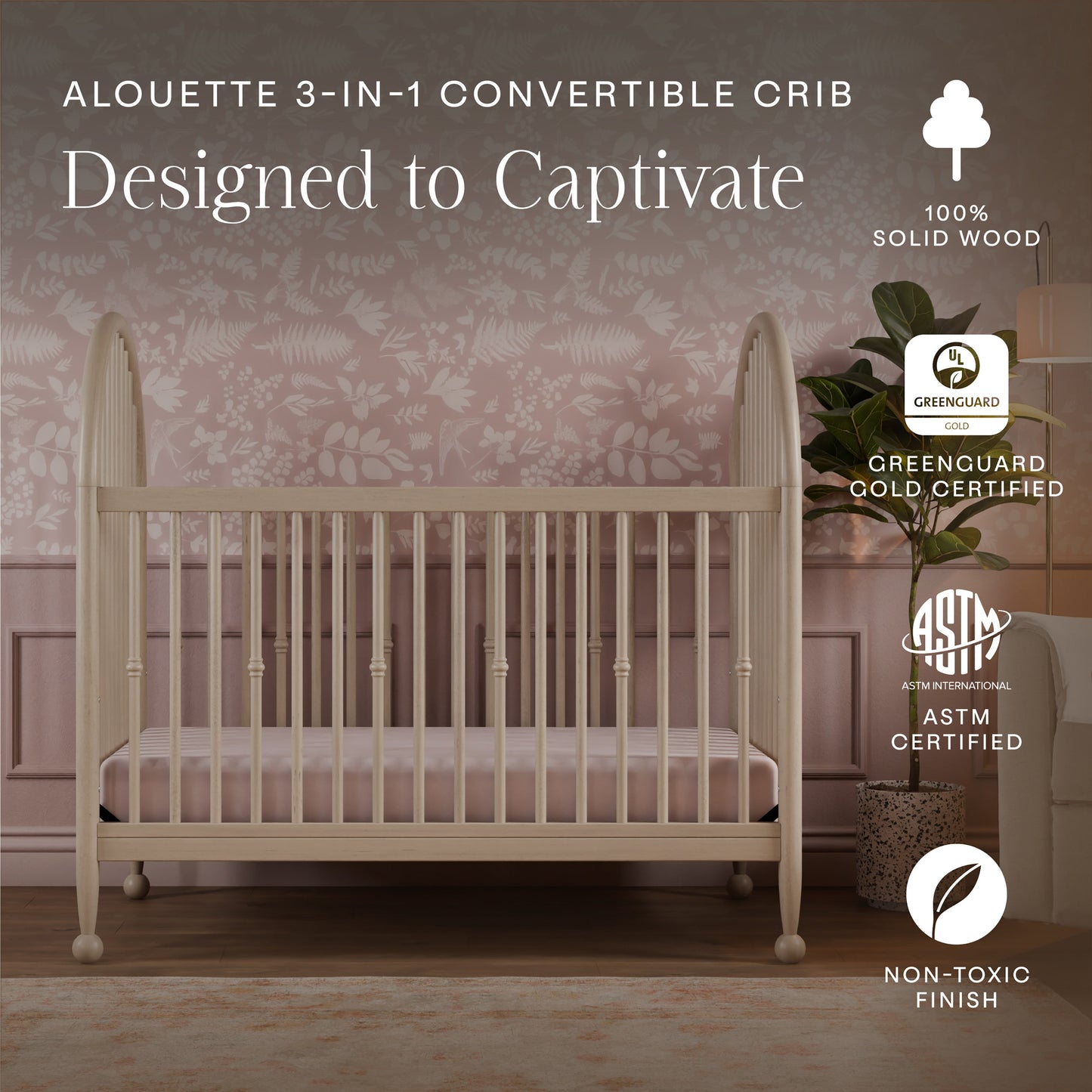M31401WP,Alouette 3-in-1 Convertible Spindle Crib in Washed Pine
