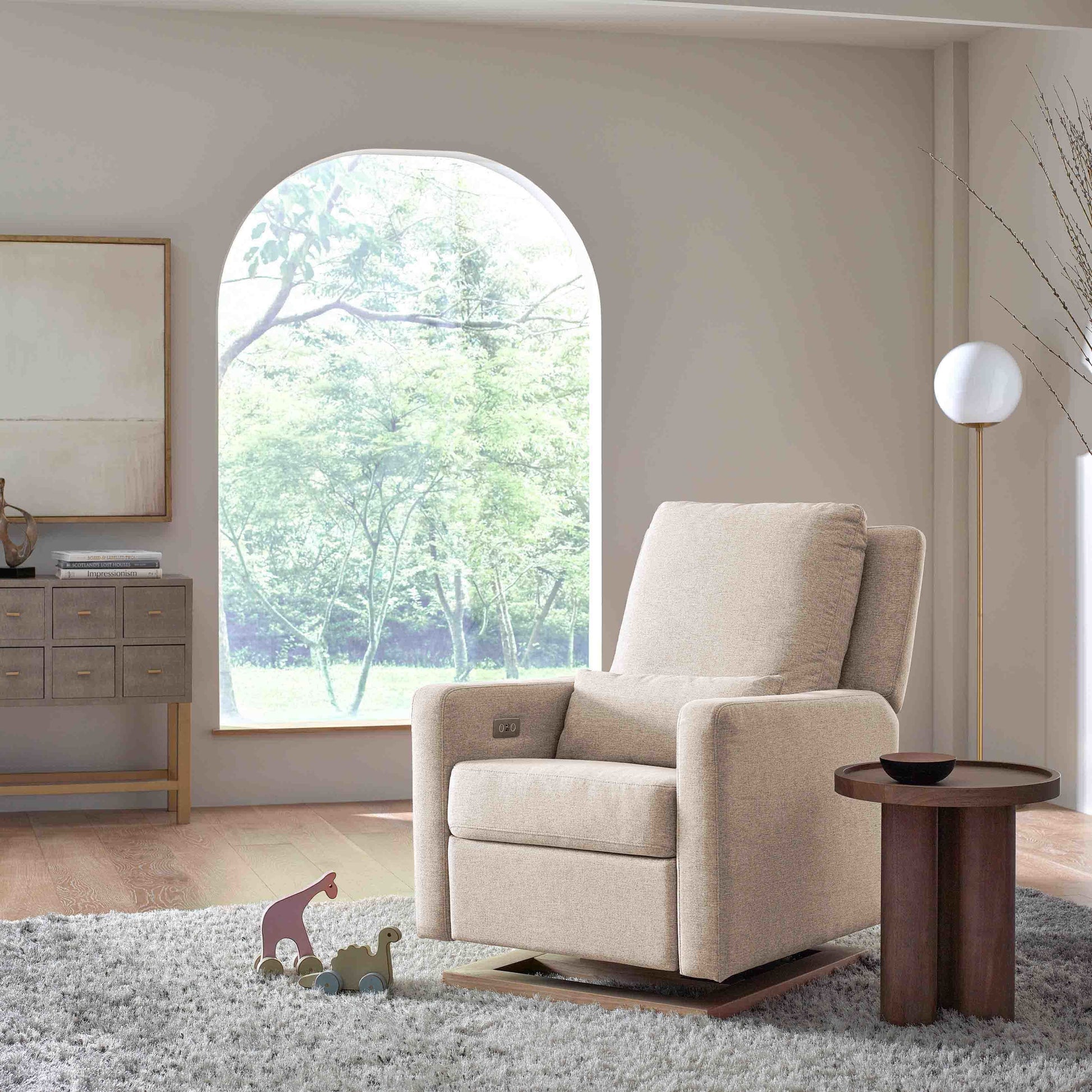 M23085PBEWLB,Sigi Glider Recliner w/ Electronic Control and USB in Performance Beach Eco-Weave w/Light Wood Base