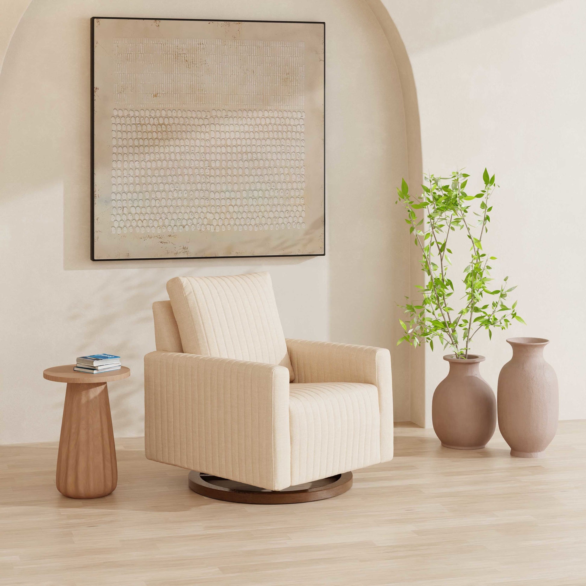 M26687PCMEWDB,Poe Channeled Swivel Glider in Performance Cream Eco-Weave w/ Dark Wood Base