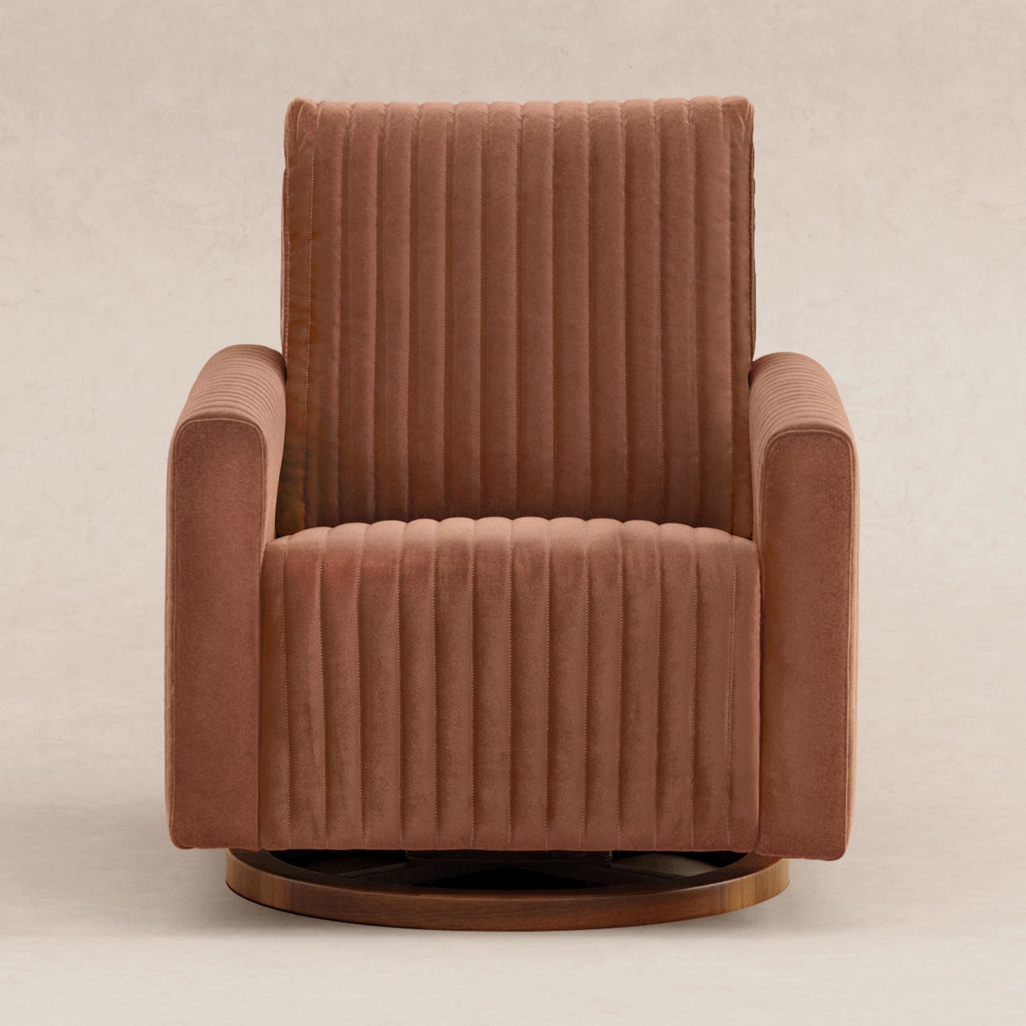 M26687RTVDB,Poe Channeled Swivel Glider in Rust Velvet with Dark Wood Base