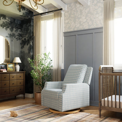 M22287BGHLB,Crewe Recliner and Swivel Glider in Blue Gingham with Light Wood Base
