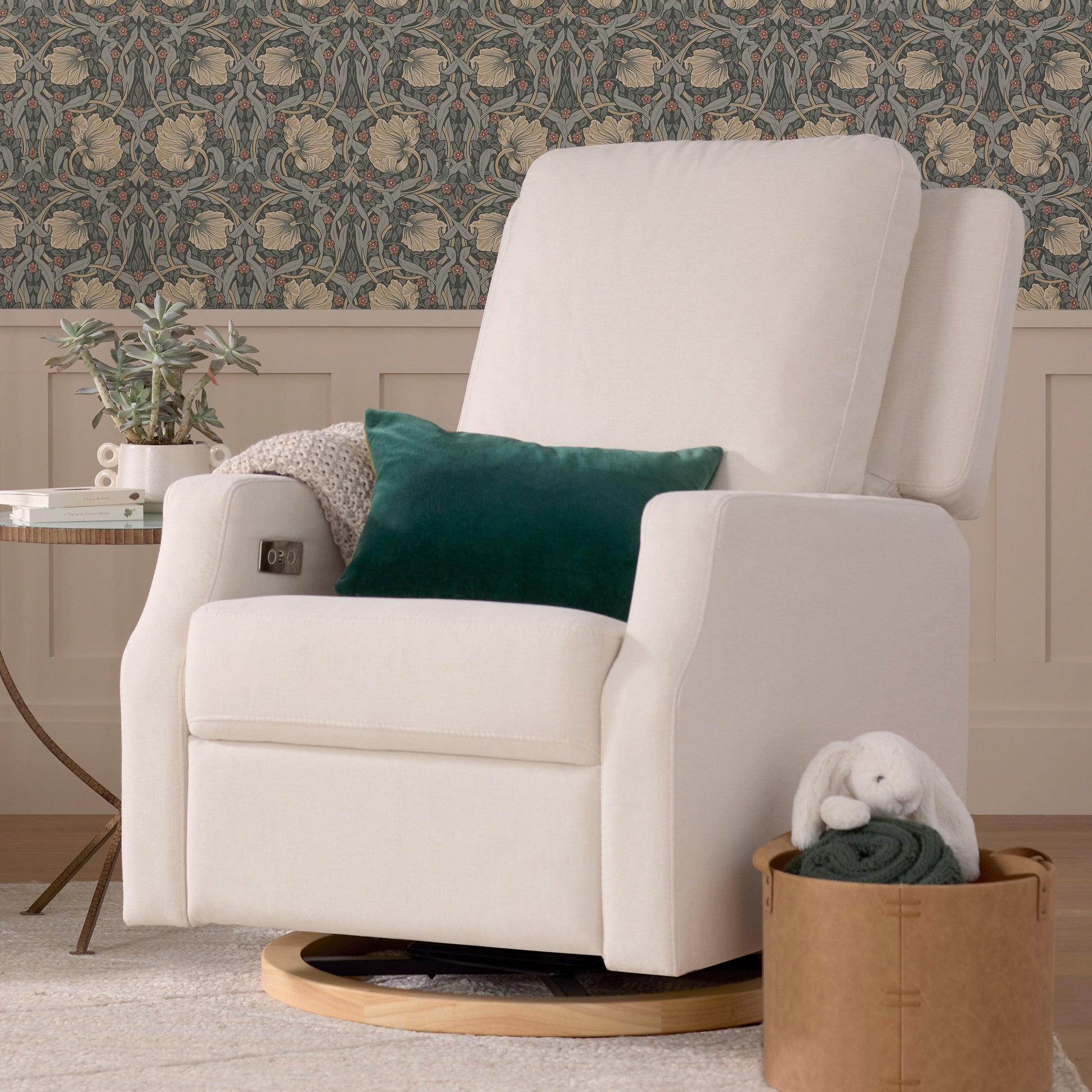 M22286PCMEWLB,Crewe Electronic Swivel Glider Recliner in Performance Cream Eco-Weave w/Light Wood Base