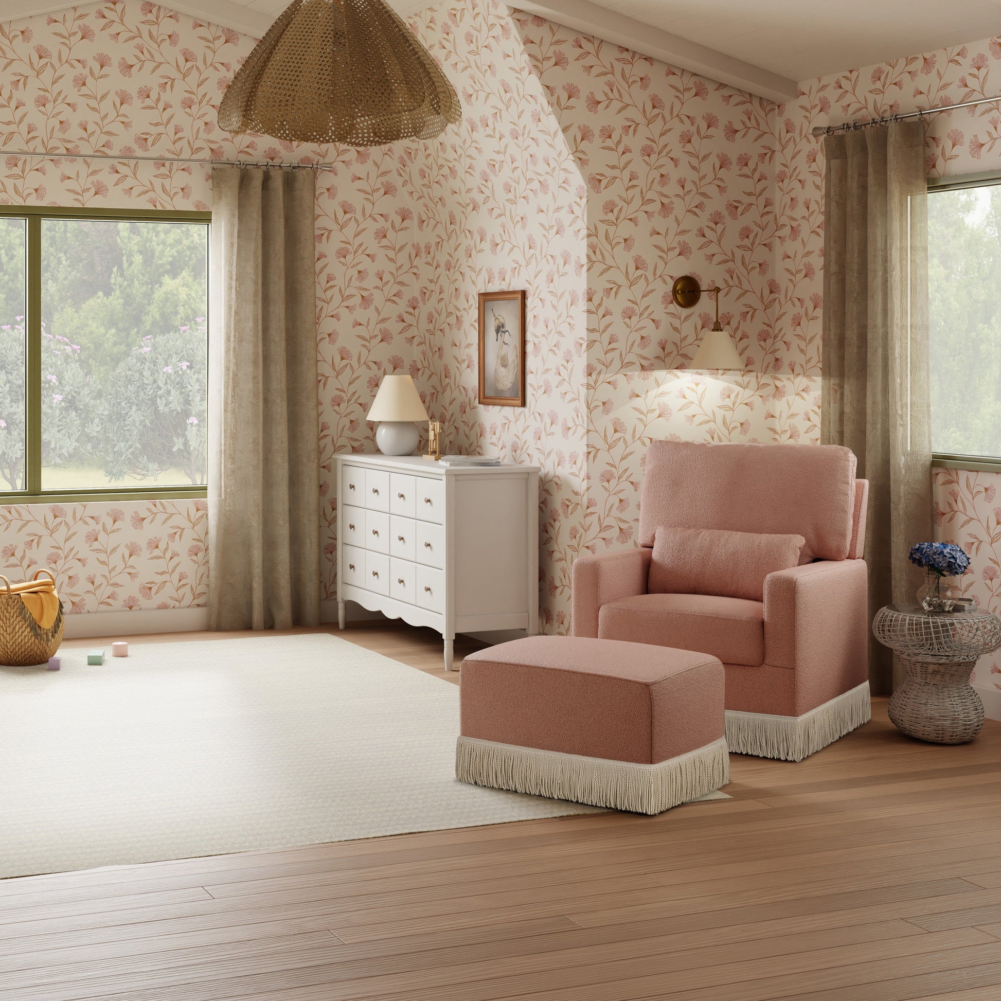 M21787RSBIF,Crawford Pillowback Comfort Swivel Glider in Rose Boucle with Ivory Tassel Fringe