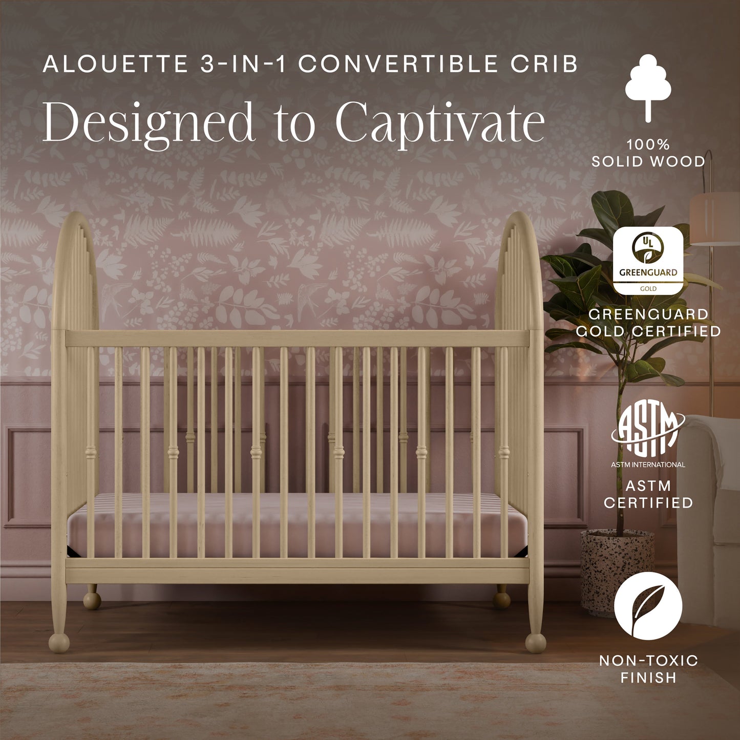 M31401WP,Alouette 3-in-1 Convertible Spindle Crib in Washed Pine