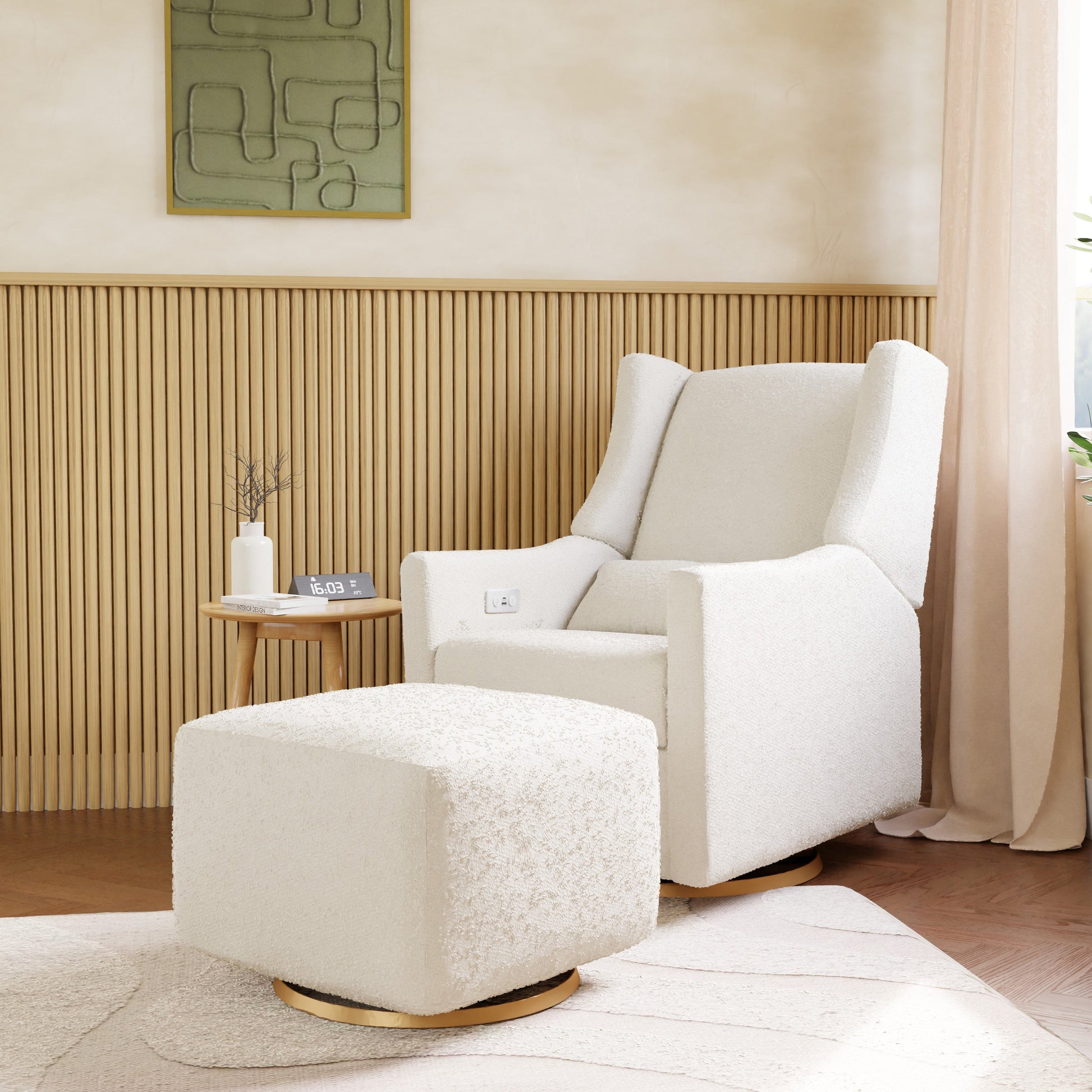 M26385WBG,Kiwi Gliding Ottoman in Ivory Boucle w/ Gold Base