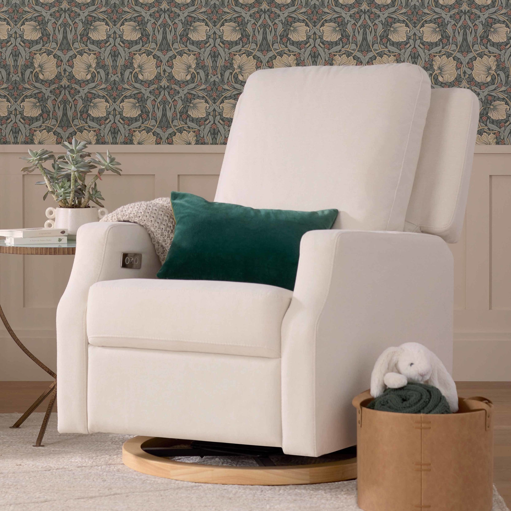 M22286PCMEWLB,Crewe Electronic Swivel Glider Recliner in Performance Cream Eco-Weave w/Light Wood Base