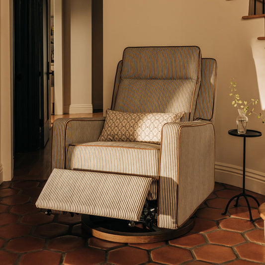 M23082OSCTB,Nate Berkus x Babyletto Sigi Pro Power Recliner in Perf Olive Stripe Eco-Crossweave w/Toffee Base