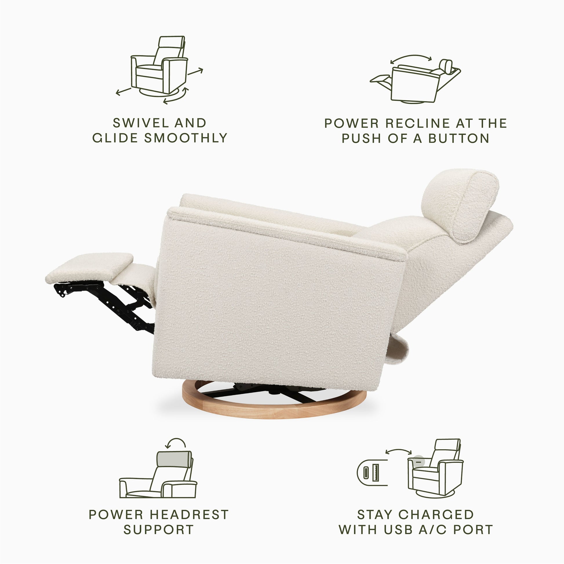 B17186WBLB,Willa Plus Power Glider Recliner w/ Power Headrest in Ivory Boucle with Light Wood Base