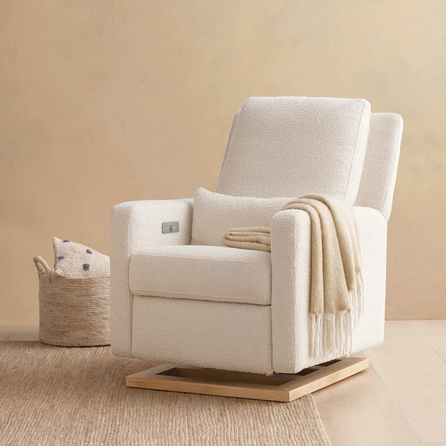 M23085WBLB,Sigi Glider Recliner w/ Electronic Control and USB in Ivory Boucle w/ Light Wood Base