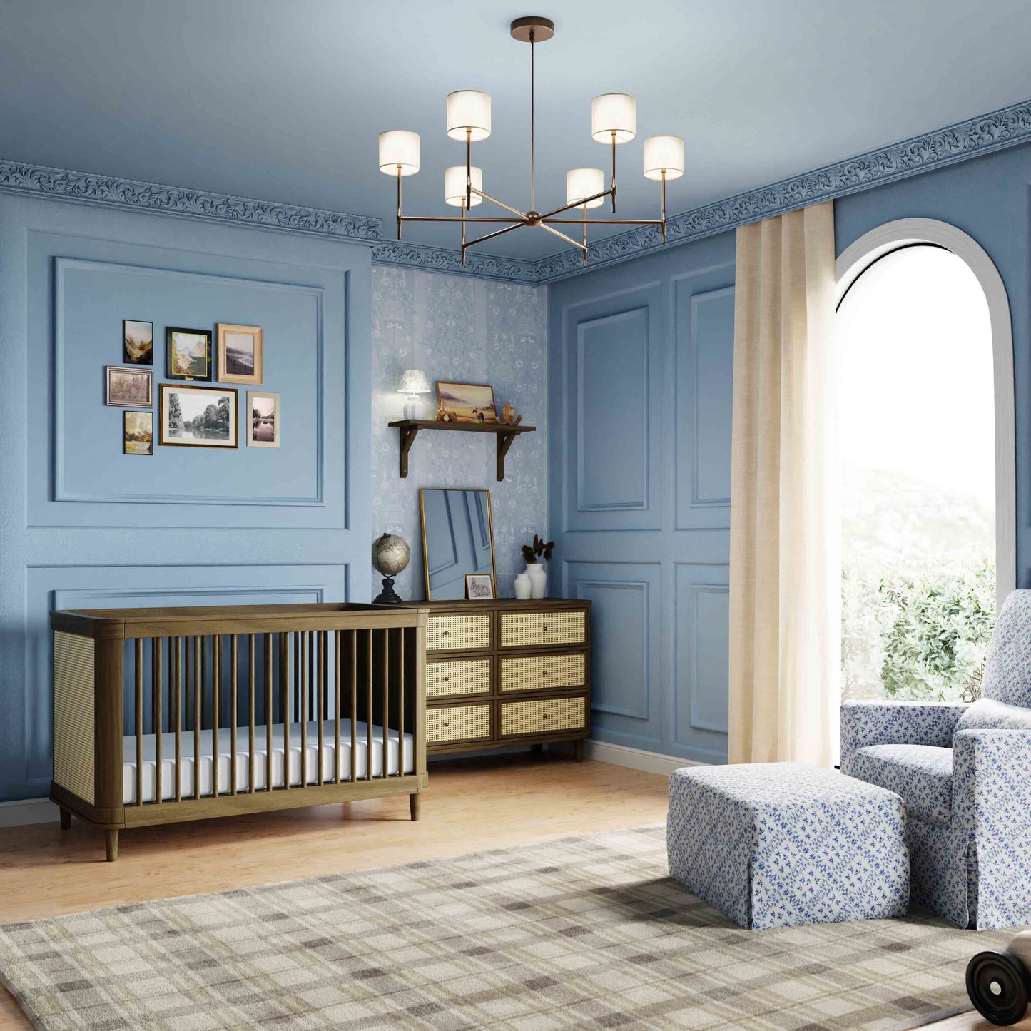M23716NLBC,Marin with Cane 6 Drawer Assembled Dresser in Natural Walnut and Blonde Cane