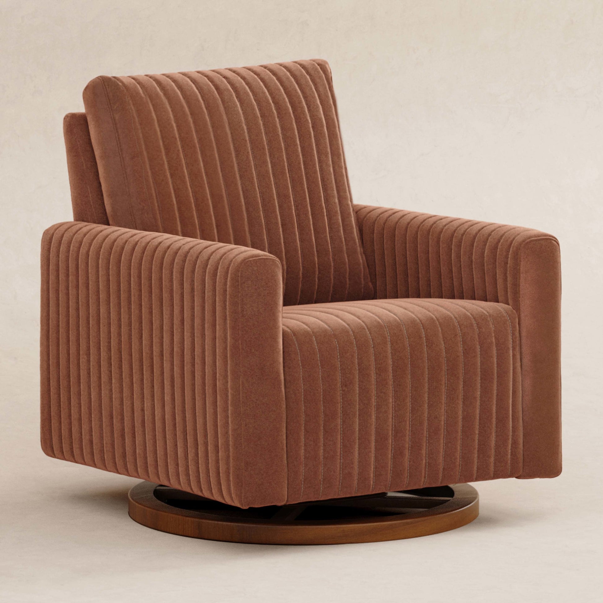 M26687RTVDB,Poe Channeled Swivel Glider in Rust Velvet with Dark Wood Base